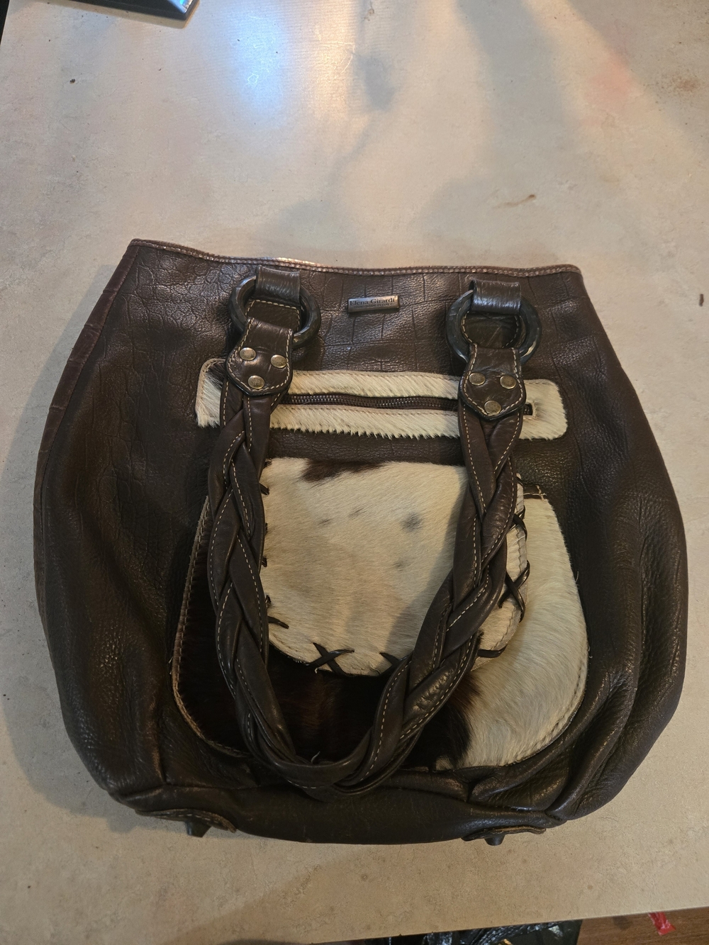 Brighton Dark Brown Leather Shoulder Bag with Cream & Brown Cowhide Panel